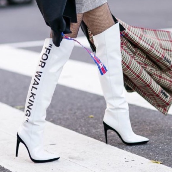 Off-White Shoes - Off-White "For Walking" Over-Knee White Leather Boots [37]